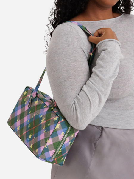 Baggu Nylon Bowler Bag: Green Star Plaid