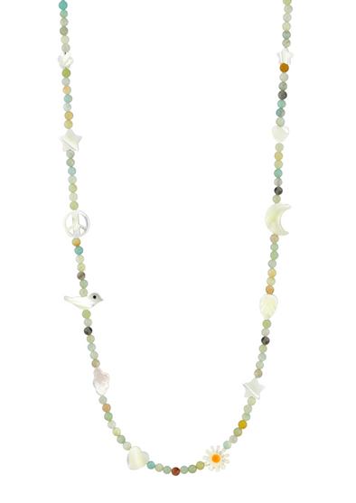 KRIS NATIONS AMAZONITE BEADED NECKLACE WITH MOTHER OF PEARL CHARMS