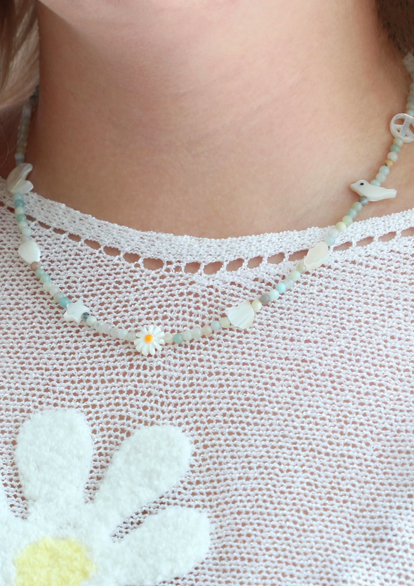 KRIS NATIONS AMAZONITE BEADED NECKLACE WITH MOTHER OF PEARL CHARMS