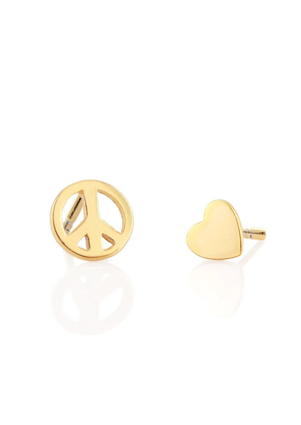 KRIS NATIONS PEACE SIGN AND HEART STUD EARRING - 18K GOLD VERMEIL